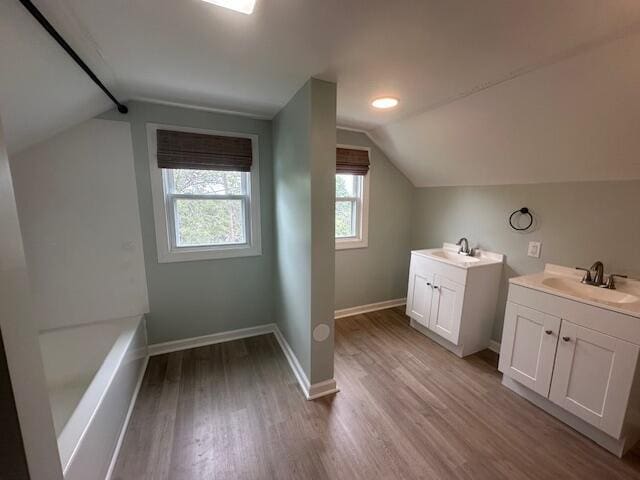 2327 Horsepasture Price Rd, Ridgeway, VA 24148 - bathroom with vaulted ceiling, two vanities, wood finished floors, and a tub to relax in