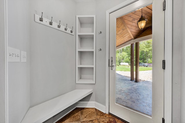 571 Cary Rd, Pilot, VA 24138 - mudroom with lofted ceiling, wooden ceiling, and built in features