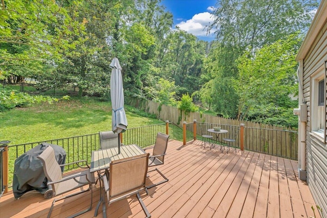 2728 Lansing Dr SW, Roanoke, VA 24015 - wooden terrace featuring outdoor dining area, a fenced backyard, and a grill