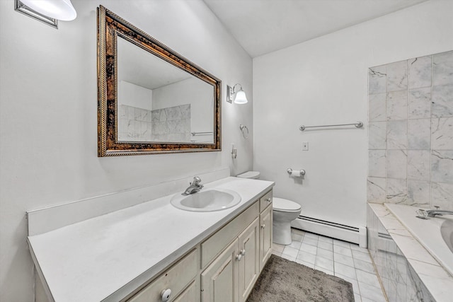 2410 Cornwallis Ave SE, Roanoke, VA 24014 - bathroom featuring a baseboard heating unit, vanity, tiled tub, tile patterned floors, and a shower