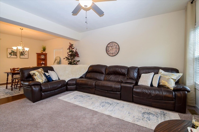 8322 Leighburn Dr, Roanoke, VA 24019 - living room with a chandelier, a ceiling fan, and carpet flooring