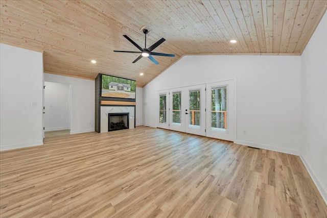 2365 Lakewood Forest Rd, Moneta, VA 24121 - unfurnished living room featuring wooden ceiling, ceiling fan, light wood-style floors, french doors, and a fireplace