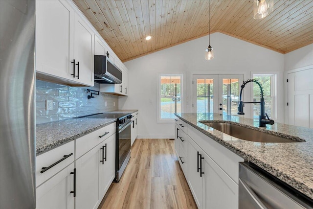 2365 Lakewood Forest Rd, Moneta, VA 24121 - kitchen with stainless steel appliances, wooden ceiling, light wood-type flooring, white cabinets, and pendant lighting