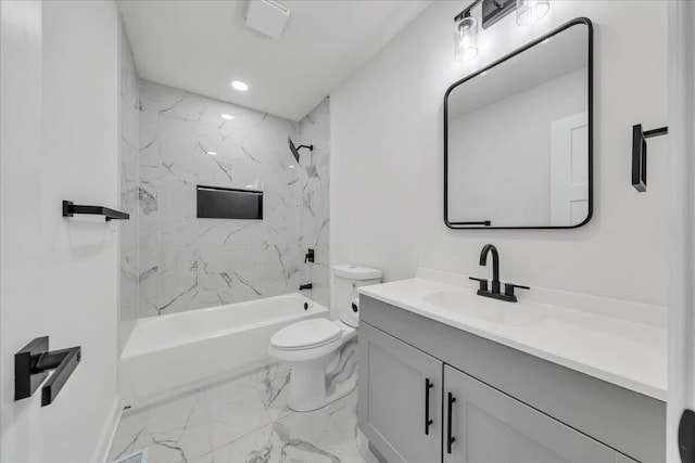 2365 Lakewood Forest Rd, Moneta, VA 24121 - bathroom with vanity, marble look tiles, shower / bathtub combination, and recessed lighting