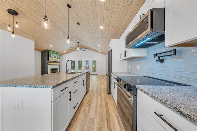 2365 Lakewood Forest Rd, Moneta, VA 24121 - kitchen with appliances with stainless steel finishes, light wood finished floors, wood ceiling, exhaust hood, and lofted ceiling