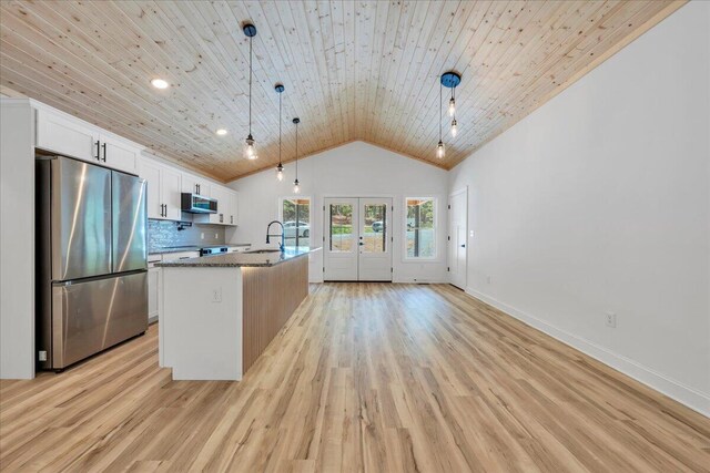2365 Lakewood Forest Rd, Moneta, VA 24121 - kitchen featuring stainless steel appliances, vaulted ceiling, french doors, wood ceiling, and white cabinetry