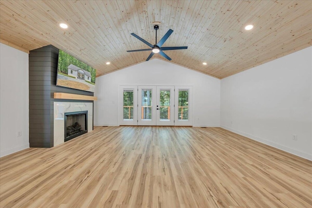 2365 Lakewood Forest Rd, Moneta, VA 24121 - unfurnished living room with a large fireplace, a ceiling fan, wood finished floors, wooden ceiling, and vaulted ceiling