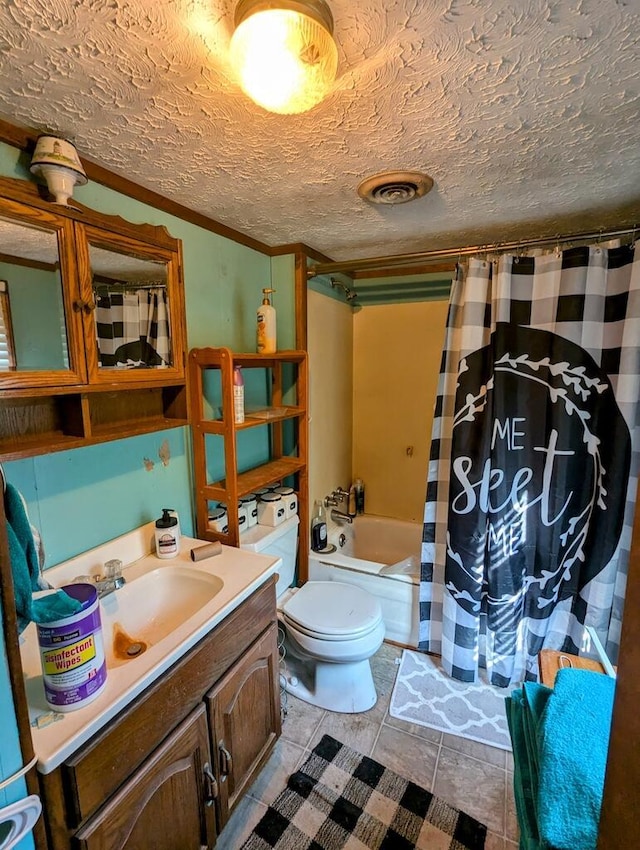 606 Haycock Rd SE, Floyd, VA 24091 - bathroom featuring vanity, shower / bath combination with curtain, ornamental molding, and a textured ceiling