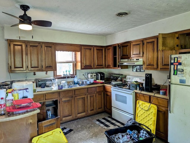 606 Haycock Rd SE, Floyd, VA 24091 - kitchen featuring white appliances, under cabinet range hood, a textured ceiling, a ceiling fan, and brown cabinetry
