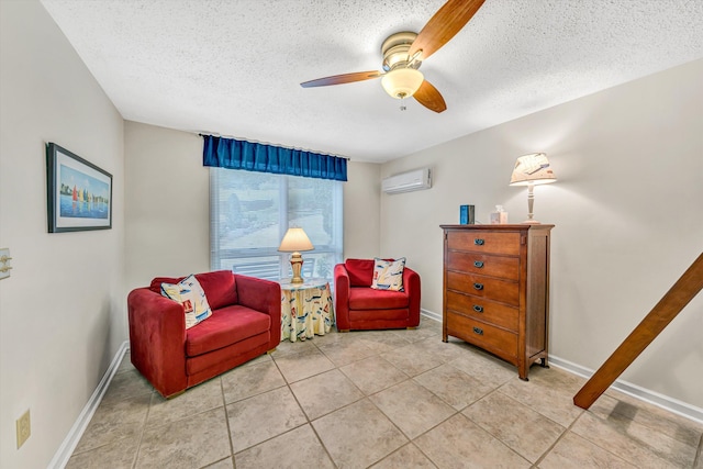 1230 Nature Ln Unit 1, Union Hall, VA 24176 - living area featuring ceiling fan, a wall mounted AC, a textured ceiling, and light tile patterned floors