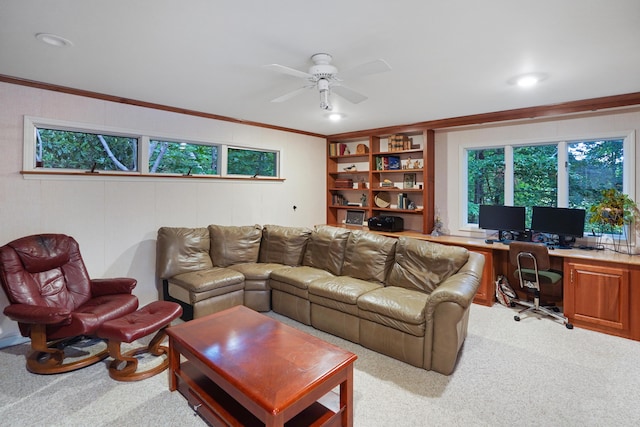 126 Windmere Trl, Moneta, VA 24121 - living area with light carpet, ceiling fan, ornamental molding, and built in study area
