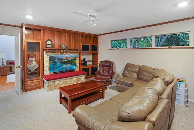 126 Windmere Trl, Moneta, VA 24121 - living room featuring light colored carpet, ornamental molding, a ceiling fan, and recessed lighting