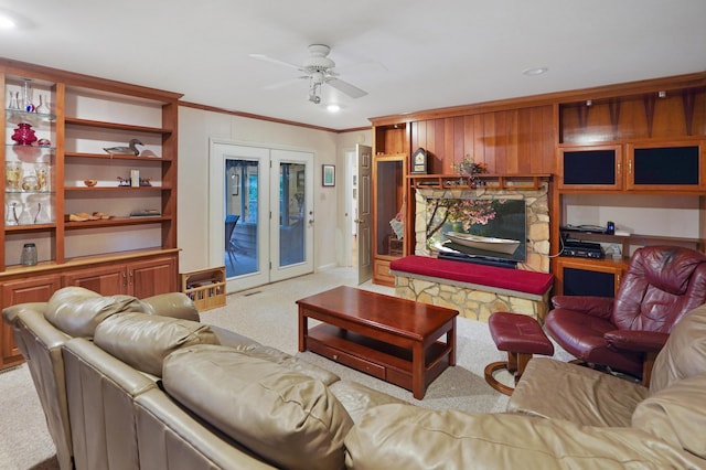 126 Windmere Trl, Moneta, VA 24121 - living area with carpet, ceiling fan, crown molding, french doors, and recessed lighting