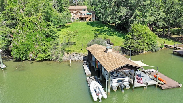 126 Windmere Trl, Moneta, VA 24121 - dock area with a water view, a lawn, view of scattered trees, and boat lift