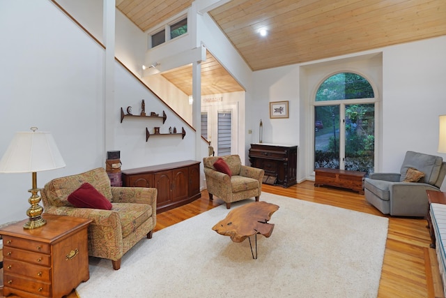 126 Windmere Trl, Moneta, VA 24121 - living room with wood ceiling, stairway, wood finished floors, and high vaulted ceiling