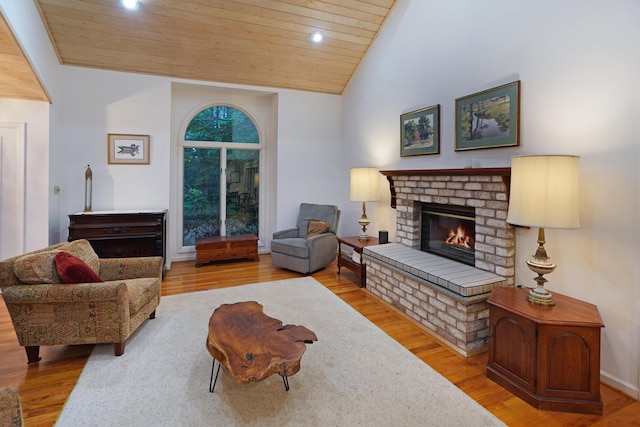 126 Windmere Trl, Moneta, VA 24121 - living area featuring lofted ceiling, wooden ceiling, wood finished floors, a fireplace, and recessed lighting