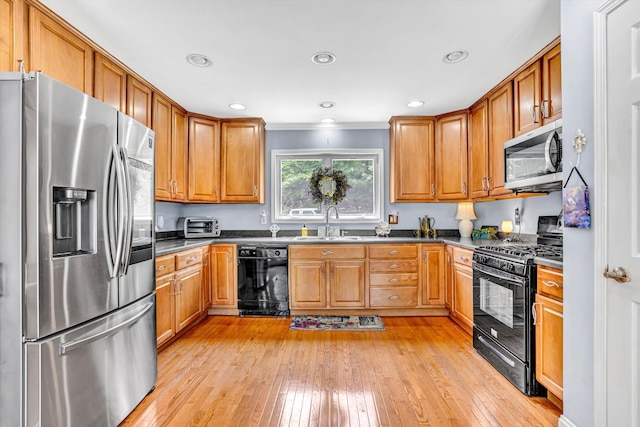 304 Blazing Ridge Dr Unit 0, Pittsville, VA 24139 - kitchen featuring black appliances, light wood-type flooring, crown molding, dark countertops, and brown cabinets