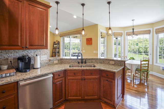 414 Augusta Way, Wirtz, VA 24184 - kitchen featuring dishwasher, wood finished floors, a peninsula, light stone countertops, and recessed lighting