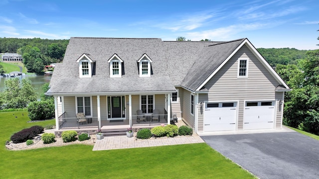 414 Augusta Way, Wirtz, VA 24184 - cape cod-style house with driveway, covered porch, a front lawn, a shingled roof, and a water view
