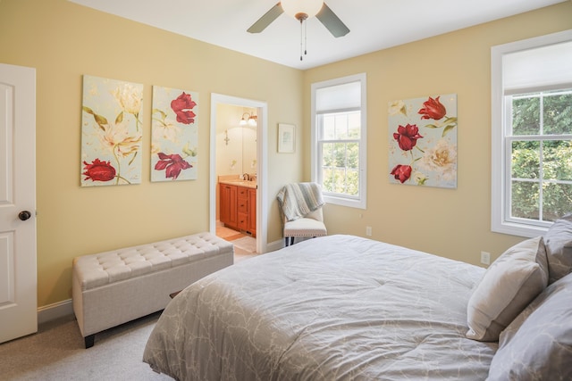 414 Augusta Way, Wirtz, VA 24184 - bedroom with light carpet, ensuite bath, and a ceiling fan