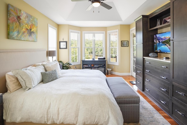 414 Augusta Way, Wirtz, VA 24184 - bedroom with a tray ceiling, wood finished floors, ceiling fan, and vaulted ceiling