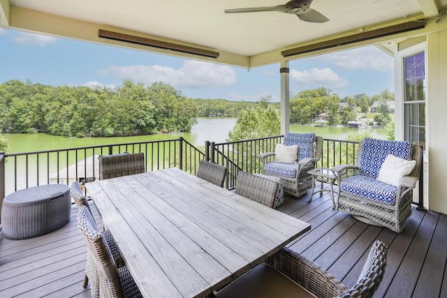 414 Augusta Way, Wirtz, VA 24184 - deck with a water view, ceiling fan, outdoor dining space, and view of scattered trees