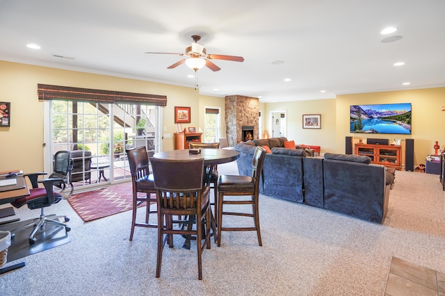 414 Augusta Way, Wirtz, VA 24184 - carpeted dining room featuring a ceiling fan, recessed lighting, ornamental molding, and a stone fireplace