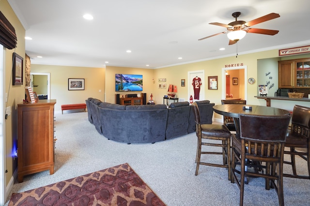 414 Augusta Way, Wirtz, VA 24184 - living room with recessed lighting, carpet floors, crown molding, and a ceiling fan