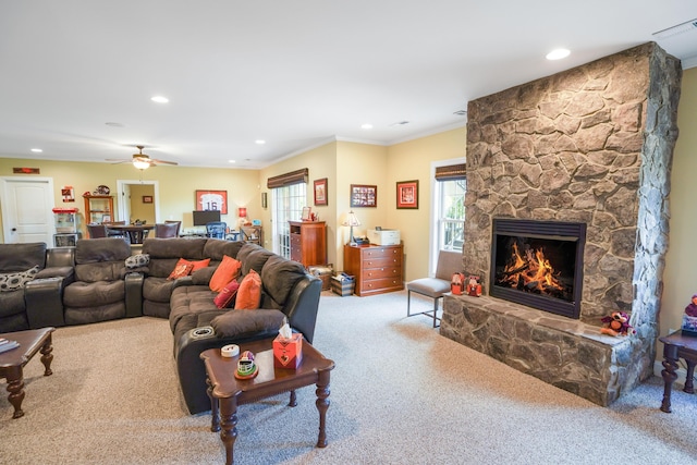 414 Augusta Way, Wirtz, VA 24184 - living room with carpet floors, a fireplace, recessed lighting, a ceiling fan, and crown molding