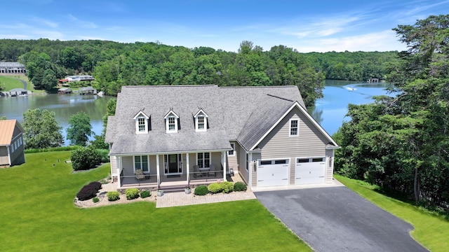 414 Augusta Way, Wirtz, VA 24184 - cape cod-style house featuring a water view, covered porch, asphalt driveway, and a view of trees