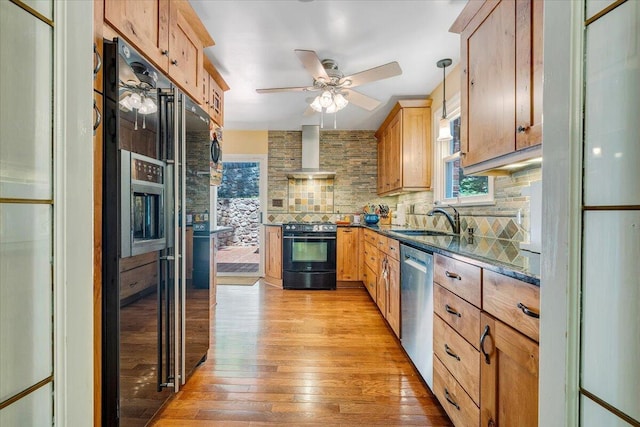 2702 Yellow Mountain Rd SE, Roanoke, VA 24014 - kitchen featuring black range with electric cooktop, wall chimney exhaust hood, high end fridge, stainless steel dishwasher, and a ceiling fan