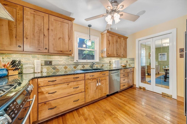 2702 Yellow Mountain Rd SE, Roanoke, VA 24014 - kitchen with dishwasher, french doors, stove, decorative backsplash, and light wood finished floors