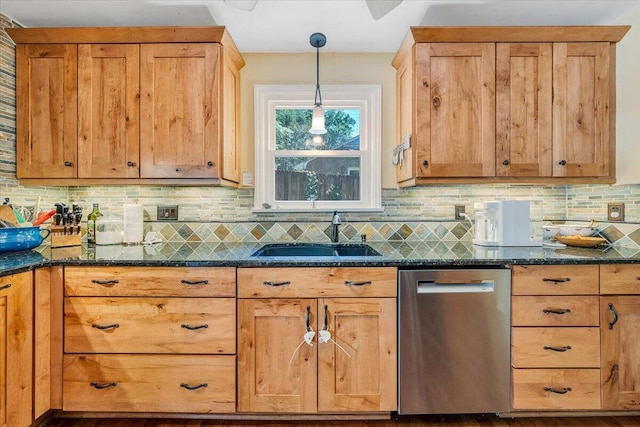 2702 Yellow Mountain Rd SE, Roanoke, VA 24014 - kitchen with dishwasher, backsplash, hanging light fixtures, and dark stone countertops