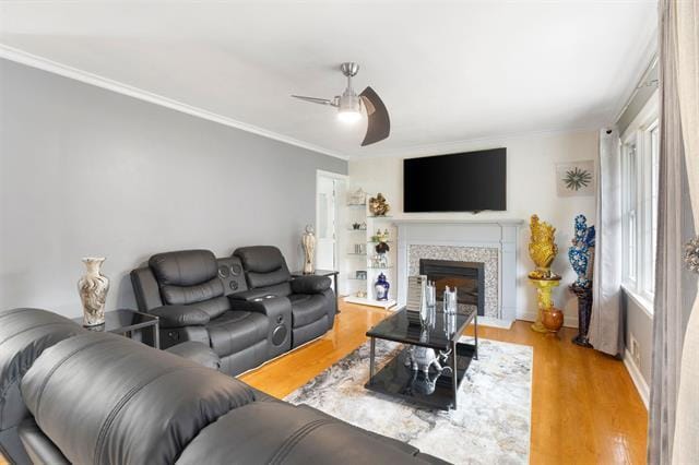 3325 Fleetwood Ave SW, Roanoke, VA 24015 - living room featuring ceiling fan, wood finished floors, crown molding, and a fireplace with flush hearth