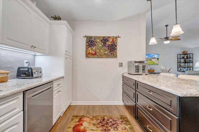 156 Bentgrass Dr, Hardy, VA 24101 - kitchen with stainless steel dishwasher, light wood-style floors, backsplash, white cabinets, and ceiling fan