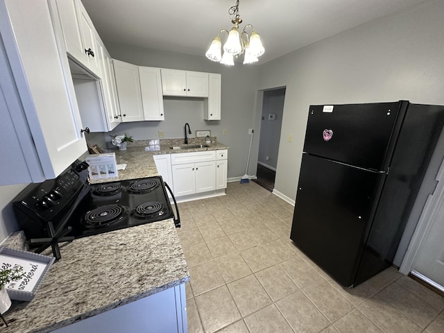 120 10 1/2 St SE, Roanoke, VA 24013 - kitchen featuring black appliances, white cabinetry, light tile patterned floors, a chandelier, and light stone counters