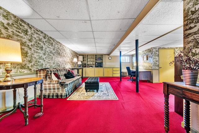 716 Arcadia Cir, Vinton, VA 24179 - carpeted living room featuring wallpapered walls, a wainscoted wall, and a drop ceiling
