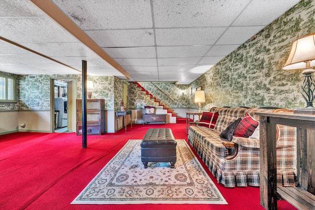 716 Arcadia Cir, Vinton, VA 24179 - carpeted living area featuring wallpapered walls, a drop ceiling, washer / dryer, and stairs