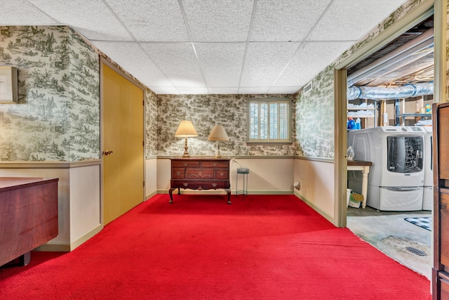 716 Arcadia Cir, Vinton, VA 24179 - below grade area with wallpapered walls, washer and clothes dryer, wainscoting, a drop ceiling, and carpet