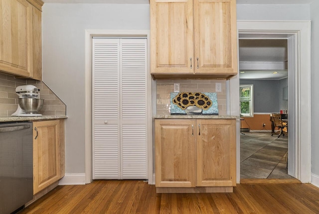 2506 Rosalind Ave SW, Roanoke, VA 24014 - kitchen featuring stainless steel dishwasher, light brown cabinetry, and dark wood-style floors