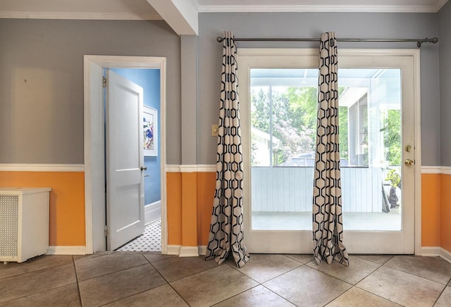 2506 Rosalind Ave SW, Roanoke, VA 24014 - doorway to outside featuring tile patterned flooring, ornamental molding, and radiator heating unit