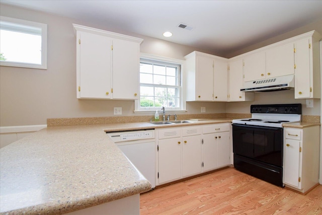 115 Bartley Dr, Salem, VA 24153 - kitchen featuring range with electric stovetop, under cabinet range hood, white dishwasher, light wood-style flooring, and light countertops