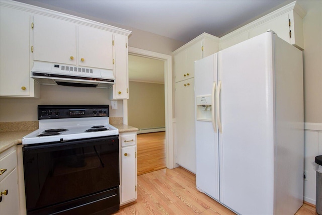 115 Bartley Dr, Salem, VA 24153 - kitchen featuring white refrigerator with ice dispenser, electric range, under cabinet range hood, light wood finished floors, and light countertops
