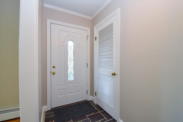 115 Bartley Dr, Salem, VA 24153 - foyer entrance with a baseboard heating unit, ornamental molding, and dark tile patterned flooring