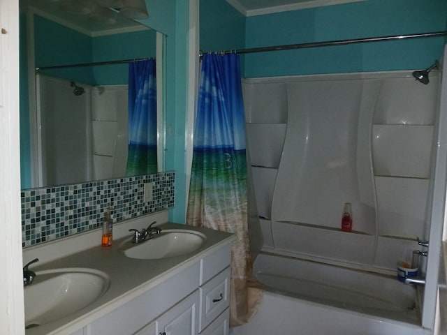 918 Dale Ave SE, Roanoke, VA 24013 - full bathroom featuring shower / tub combo, decorative backsplash, crown molding, and double vanity
