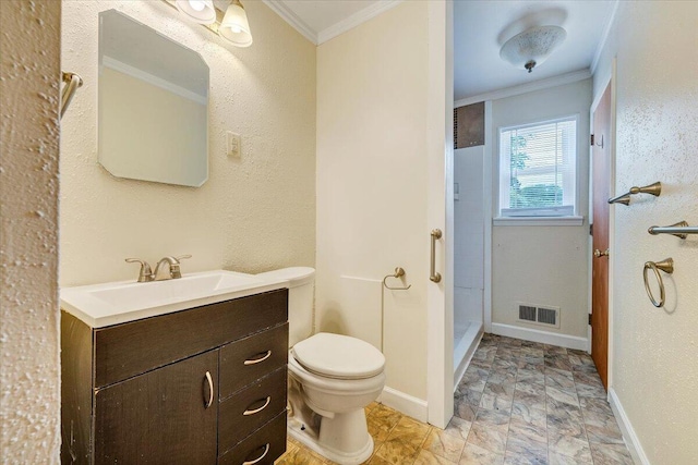 618 Gladies St NW, Roanoke, VA 24017 - bathroom with crown molding, vanity, a shower stall, and stone finish floors