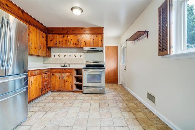 618 Gladies St NW, Roanoke, VA 24017 - kitchen featuring appliances with stainless steel finishes, under cabinet range hood, tasteful backsplash, brown cabinetry, and light countertops