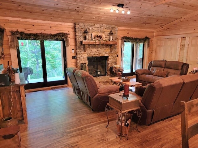 350 Sizer Ln, New Castle, VA 24127 - living area featuring lofted ceiling, wood walls, plenty of natural light, light wood-style floors, and a fireplace