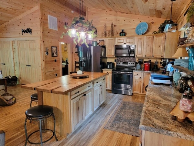 350 Sizer Ln, New Castle, VA 24127 - kitchen with appliances with stainless steel finishes, butcher block counters, light brown cabinets, light wood finished floors, and wooden ceiling