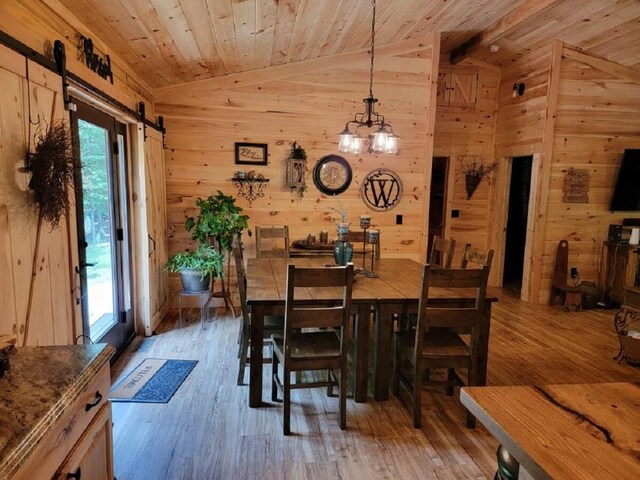 350 Sizer Ln, New Castle, VA 24127 - dining room featuring vaulted ceiling, wood walls, a chandelier, wooden ceiling, and light wood finished floors